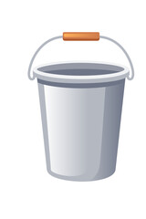 Gray plastic bucket with orange handle grip. Light neutral container for household cleaning and maintenance tasks. Modern simple design with comfortable grip. Vector illustration isolated on white