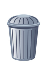 Gray trash bin with lid. Plastic garbage container with ventilated dome cover and vertical ribs. Waste management equipment for home and office. Vector illustration isolated on white background