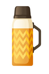 Vintage thermos with zigzag pattern. Orange and yellow chevron design on body. Brown cap and handle. Retro camping flask with decorative geometric ornament. Classic outdoor equipment style. Vector