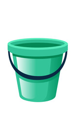 Green plastic bucket with dark handle. Turquoise mint container for household cleaning and garden work. Bright colorful design with comfortable grip. Vector illustration isolated on white background