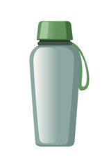 Green camping thermos bottle. Olive color flask with matching cap and carrying loop. Compact outdoor beverage container with strap attachment. Nature-inspired portable thermal bottle design. Vector.