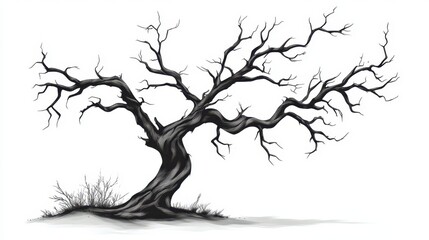 Sketched vector of a dead leafless tree with twisted branches on a white background