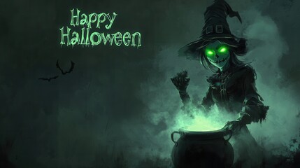 Sinister witch with glowing green eyes stirring a cauldron as Happy Halloween glows in eerie letters in the misty air above