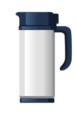 Stainless steel thermos flask. Sleek silver metallic body with navy blue lid and curved handle. Tall cylindrical vacuum insulated bottle. Premium quality thermal container. Vector illustration