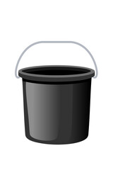 Black plastic bucket with gray handle. Dark container for household cleaning and industrial use. Modern minimalist design with smooth surface. Vector illustration isolated on white background