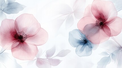 Watercolor transparent flowers with delicate petals and leaves in pastel tones
