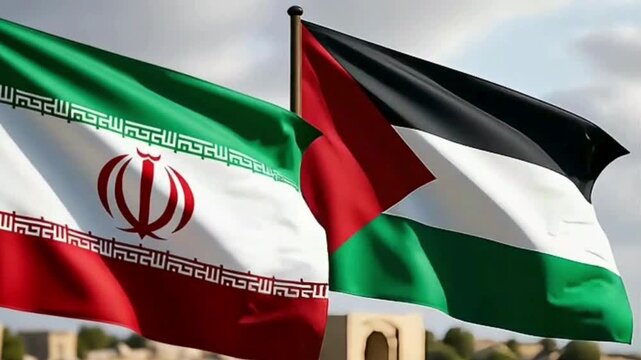 Waving flags of Iran and Palestine , with their national colors of green, red, black, and white, symbolize the patriotism of each country