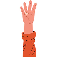 Human Arm Raising Four Fingers With Orange Sleeve Background Isolated On White
