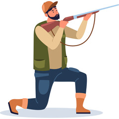 Hunter in olive vest and blue jeans crouching with rifle outdoors during daytime in muted color palette