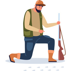 Hunter Kneeling with Rifle on Snowy Ground Outdoors with Boot Tracks and Camouflage Vest