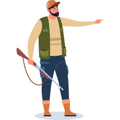 Hunter Wearing A Vest And Hat Holding A Rifle And Pointing In A Direction Against A White Background