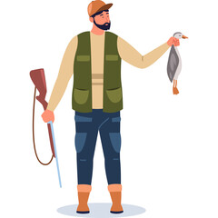 Hunter In Vest And Hat Holding Shotgun And Duck Against White Background In A Full Shot