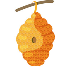 Illustration of a Beehive Hanging From a Branch Detailed with Honeycomb Patterns in Warm Yellow and Orange Tones on a White Background