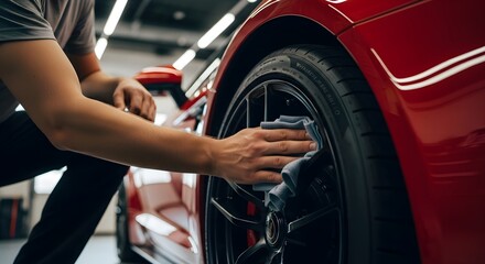 Skilled hand meticulously polishing the shiny alloy wheel of a vibrant red sports car, showcasing dedicated attention to detail in professional automotive care