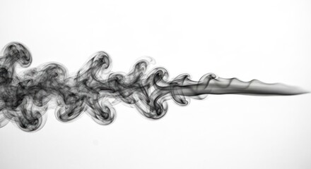 Flowing, curving trail of dark smoke, grey gradients on a light background