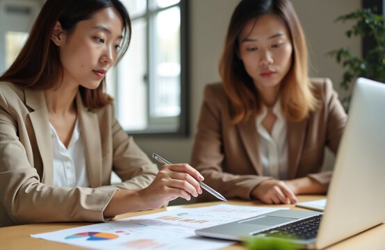 Two women work together at desk with laptop and papers. One woman points to document with pen while other looks at laptop screen. They are dressed in business attire in modern office. - Powered by Adobe