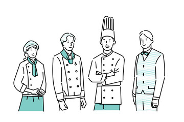 レストランのコック、シェフ，パティシエ、ウェイターのユニフォームー服装ーチームのイラスト素材