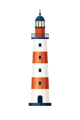 Tall striped lighthouse with orange and white horizontal bands. Navy blue dome lantern room with observation balcony. Multiple levels with arched doors. Classic coastal navigation beacon tower design
