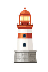 White lighthouse with red horizontal bands. Orange dome lantern room with observation deck. Gray stone brick foundation base with entrance. Classic coastal maritime navigation beacon tower structure
