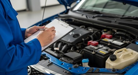 Skilled Automotive Service Technician Conducts Comprehensive Engine Bay Inspection with Clipboard and Pen to Ensure Vehicle Performance and Safety in a Modern Repair Shop