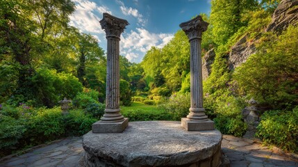 A serene garden scene featuring two ancient columns surrounded by lush greenery and a clear blue sky.