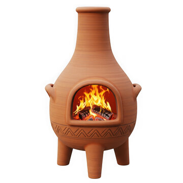 Terracotta chiminea outdoor fireplace with glowing flames and handles transparent background