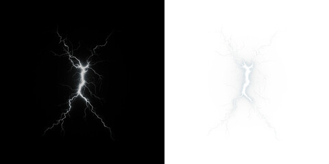 Lightning bolt png overlay on contrasting black and white backgrounds, showcasing dynamic energy and visual impact for creative design projects and artistic applications