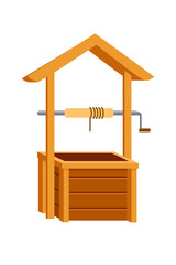 Wooden water well with peaked triangular roof and square plank base. Yellow winch barrel with metal frame and brown crank handle. Empty well design. Vector illustration isolated on white.