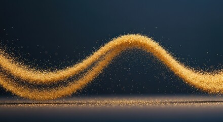 Golden glittering wave suspended above a dark surface, abstract and elegant