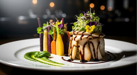 An elegant gourmet dish of chicken and heirloom carrots, artistically plated with a balsamic glaze. A sophisticated main course for a fine dining restaurant menu.