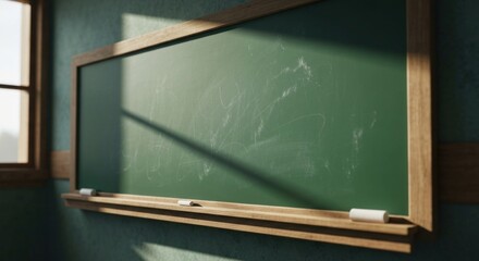 Green chalkboard with chalk and wood frame, light through window
