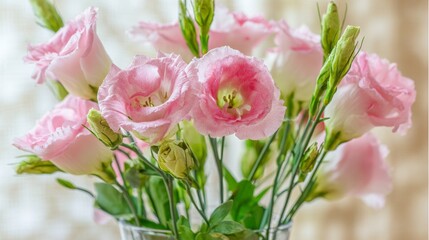 Obraz premium A bouquet of beautiful pink eustoma flowers, also known as lisianthus, arranged in soft natural light. Elegant petals, delicate texture, and gentle pastel tones symbolizing love, grace, and purity