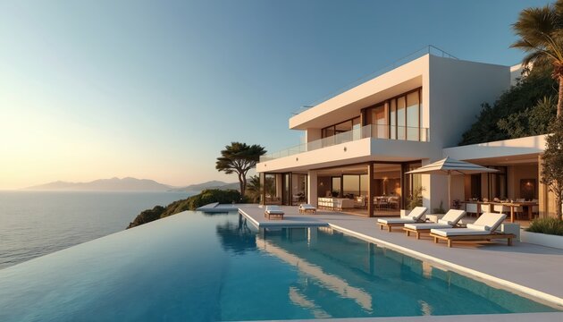 Exterior of modern villa with ocean view and infinity pool. Architecture design. White luxury house on sea coast. Holiday in resort, vacation on tropical island. Relaxing at swimming pool in summer.