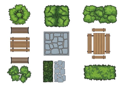 Top view of park elements trees, benches, picnic table, and paving isolated on white background