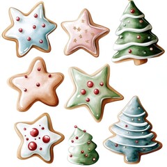 Festive christmas cookies: assorted tree and star shapes with icing designs for holiday celebrations