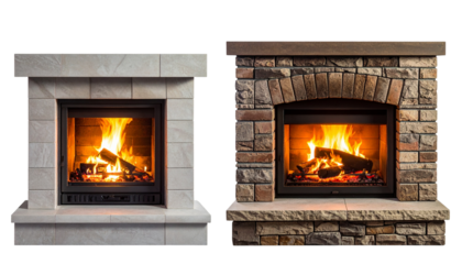 Modern stone fireplace and classic brick fireplace isolated on transparent background