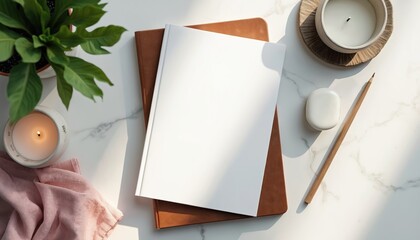 Blank book mockup, candles, plant and pencil on desk. White template cover for presentation. Natural aesthetic workspace concept. Relaxing calm scene ideal for blogs or social media posts.