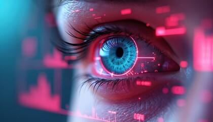 Close up of human eye with vibrant blue iris. Red digital data graphics overlay eye, showing tracking info, analysis. Represents future tech, biometrics, advanced vision, smart interface systems.