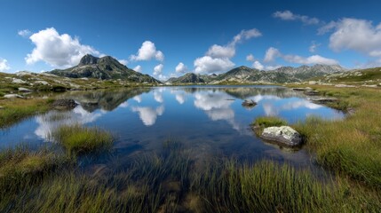 Fototapeta premium High altitude view of alpine lake with calm mirror-like water reflecting the sky, surrounded by mountains and natural landscape, conveying serene tranquility and peaceful outdoor scenery