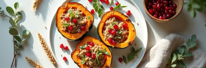 Delicious stuffed acorn squash with quinoa and pomegranate seeds garnished with fresh herbs
