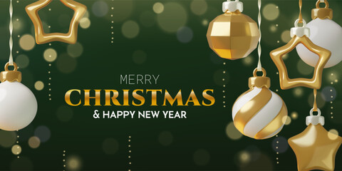 Christmas background with hanging golden balls, stars and sparkling bokeh lights. Dark green holiday banner design. Vector illustration.