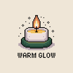 Naklejka premium Warm glow candle icon, pixel style wax candle, cozy winter ambiance, gentle flame light, holiday season illustration