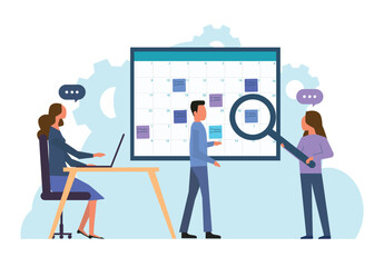 Business people team meeting. Talking, working and brainstorming for business planning concept with color sticky note on schedule board.