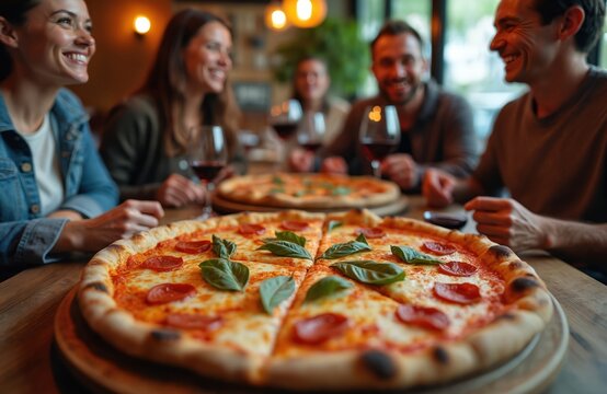 Friends gather at restaurant sharing pizza and enjoying red wine. People celebrate friendship together. Happy group dining at italian eatery enjoying delicious food with cheerful mood.
