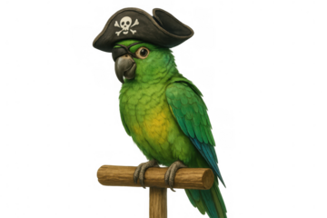 Green parrot dressed as a pirate, perching on a wooden stand. Concept of adventure, freedom, and exotic pets. Transparent background
