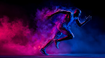 Vibrant neon light effect photography of an athlete running in motion, with blue and purple colors
