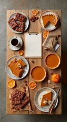Rustic autumn feast with pumpkin and pecan pies on wooden table