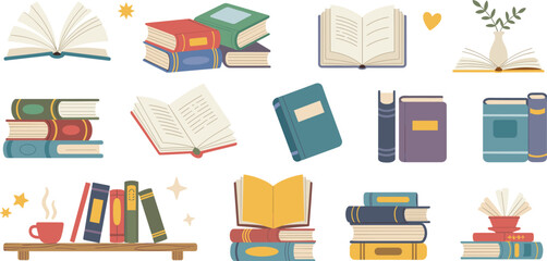 Colorful stack of books in flat cartoon illustration style, educational reading concept, vintage literature collection with stars and heart background