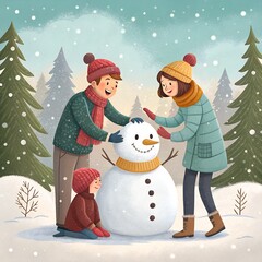 Family joyfully building a snowman together in a snowy winter wonderland scene filled with pine trees and falling snow creating a happy memory