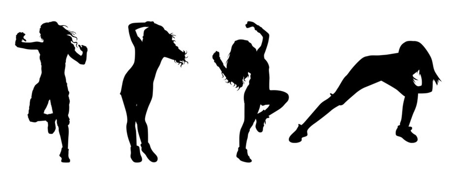Zumba and Fitness Dance Class Silhouettes: Set of Energetic Women in Motion